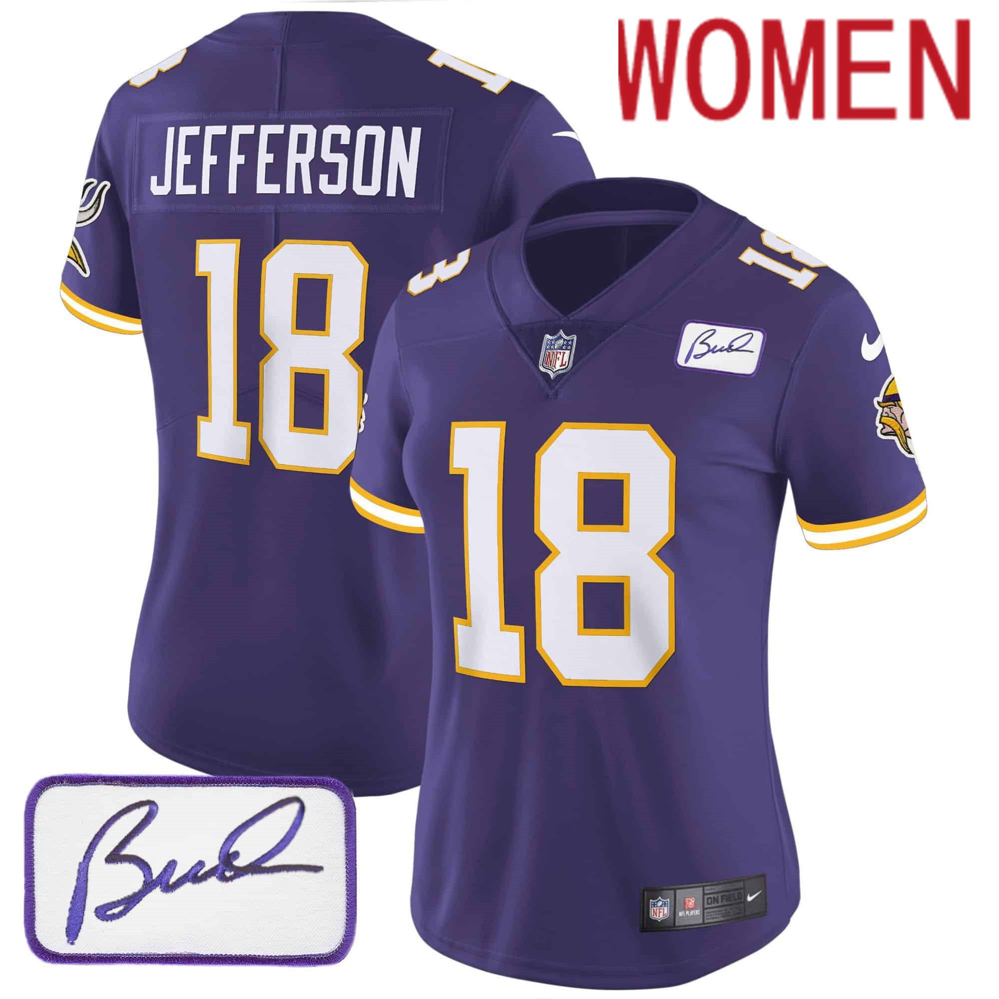 Women Minnesota Vikings 18 Jefferson Purple 2024 Nike Bud Grant Patch Classic Limited NFL Jersey style 3
